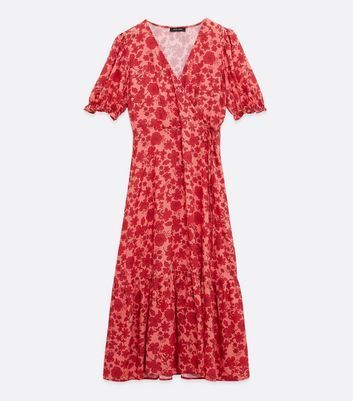 Red Floral Tiered Wrap Midi Dress New Look