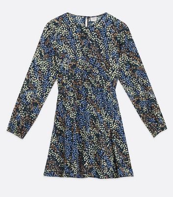 Blue Ditsy Floral Long Sleeve Skater Dress New Look
