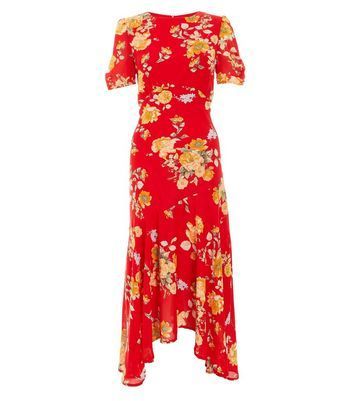 Red Floral Chiffon Asymmetric Midi Dress New Look