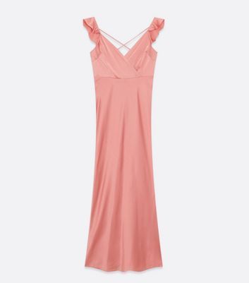 Mid Pink Satin Ruffle Cross Back Maxi Dress New Look