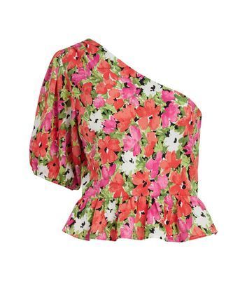 Red Floral One Shoulder Frill Top New Look