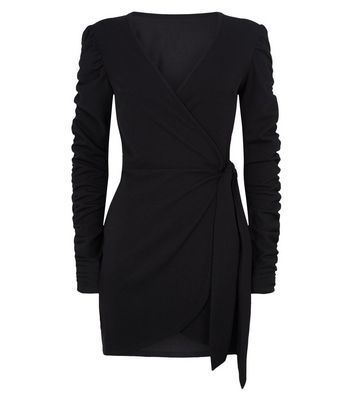 Black Ruched Sleeve Wrap Dress New Look