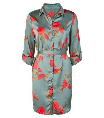 Green Floral Satin Belted Shirt Dress New Look