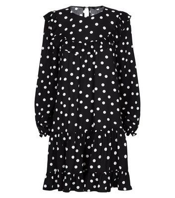 Black Polka Dot Ruffle Yoke Tiered Smock Dress New Look