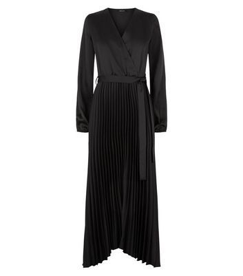 Black Satin Pleated Midi Wrap Dress New Look