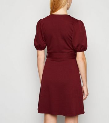 Burgundy Puff Sleeve Belted Tunic Dress New Look