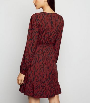 Red Tiger Print Ruffle Trim Mini Dress New Look