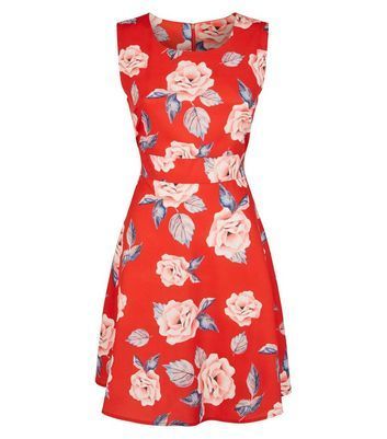 Red Floral Sleeveless Skater Dress New Look