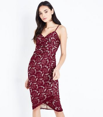 Burgundy Lace Wrap Front Midi Dress New Look