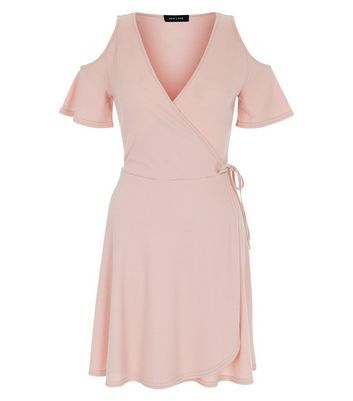 Pink Ribbed Cold Shoulder Wrap Dress New Look