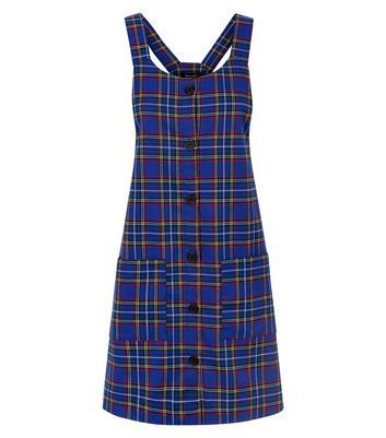 Blue Check Button Through Pinafore Dress New Look