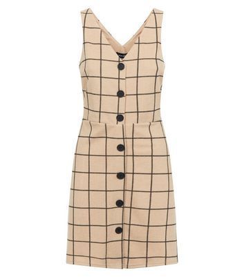 Camel Grid Check Button Through Pinafore Dress New Look
