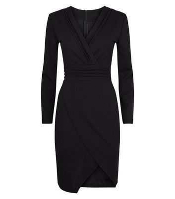 Black Pintuck Wrap Front Bodycon Dress New Look