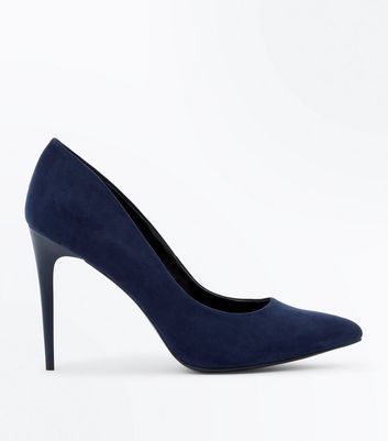 Navy Blue Suedette Pointed Court Shoes New Look