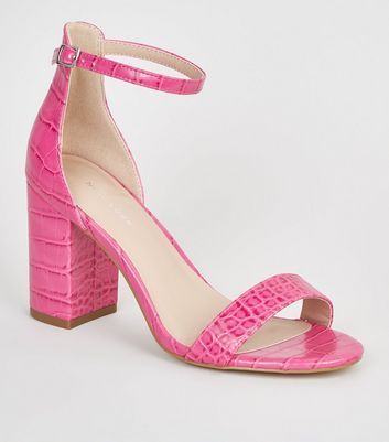 Bright Pink Faux Croc Block Heel Sandals New Look