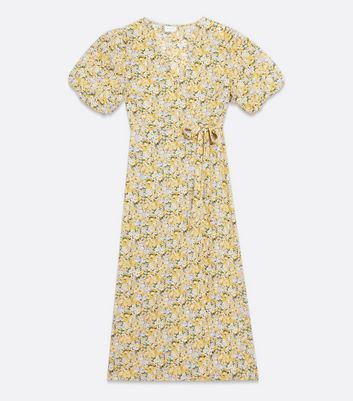 Mustard Floral Wrap Midi Dress New Look