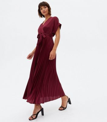 Burgundy Satin Pleated Midi Wrap Dress New Look
