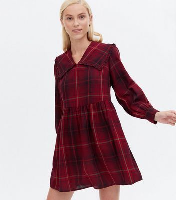 Red Check Frill Collar Mini Smock Dress New Look