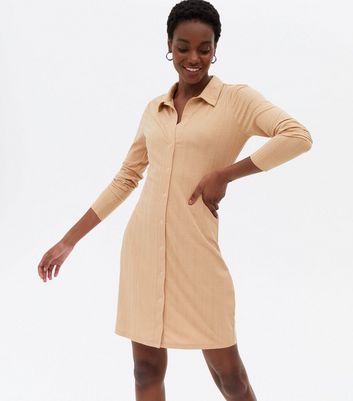 Camel Ribbed Popper Front Collared Mini Dress New Look