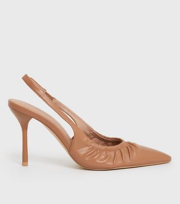 Tan Ruched Slingback Stiletto Heel Court Shoes New Look Vegan