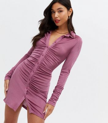 Mid Pink Ruched Mini Bodycon Shirt Dress New Look