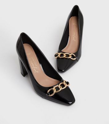 Black Patent Chain Pointed Block Heel Court Shoes New Look Vegan