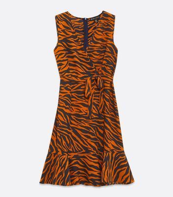 Rust Zebra Print Ruffle Hem Wrap Dress New Look