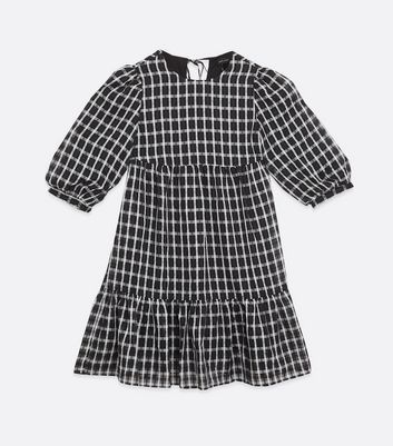 Black Textured Check Puff Sleeve Smock Dress New Look
