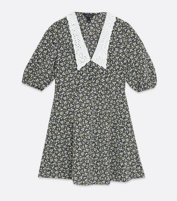 Black Ditsy Floral Broderie Collar Mini Dress New Look