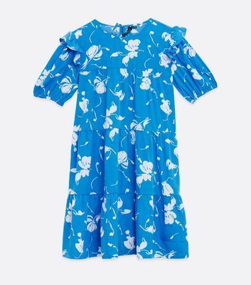 Blue Floral Ruffle Sleeve Tiered Mini Dress New Look