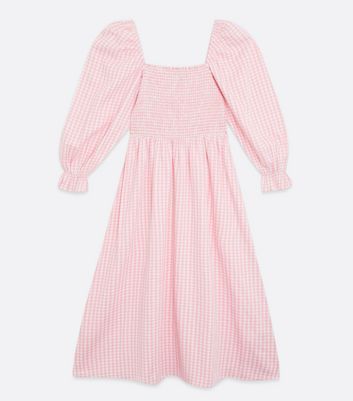 Petite Pink Gingham Shirred Puff Sleeve Midi Dress New Look