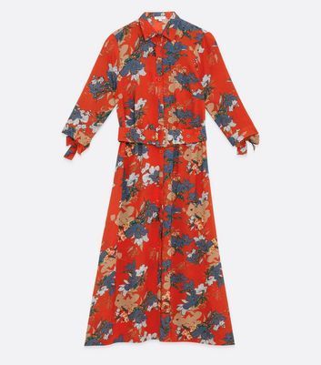 Red Floral Belted Midi Shirt Dress New Look