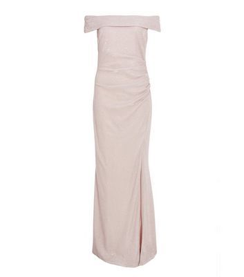 Pale Pink Glitter Split Hem Bardot Maxi Dress New Look