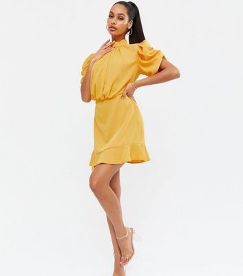 Yellow Ruched Puff Sleeve Skater Dress New Look