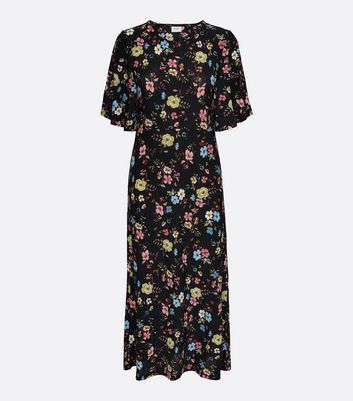 Black Floral Ribbed Jersey Maxi Dress New Look