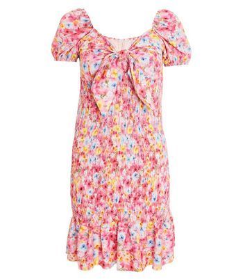 Pink Floral Shirred Tie Front Mini Dress New Look