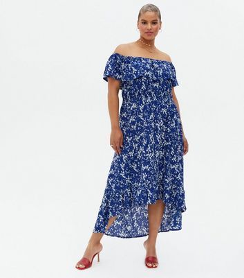 Curves Blue Frill Bardot Dip Hem Maxi Dress New Look