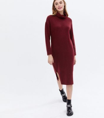 Burgundy Knit Roll Neck Midi Dress New Look