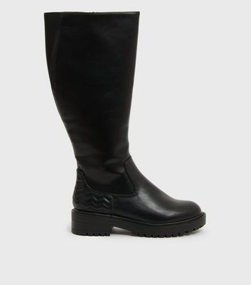 Wide Fit Black Quilted Knee High Chunky Boots New Look Vegan