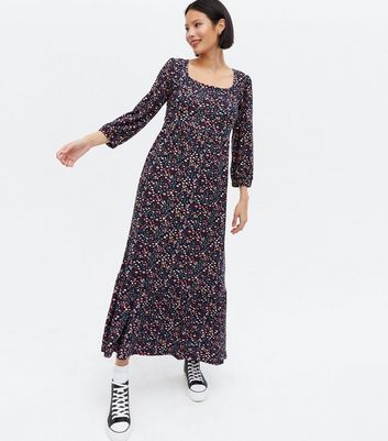Navy Ditsy Floral Square Neck Midi Dress New Look