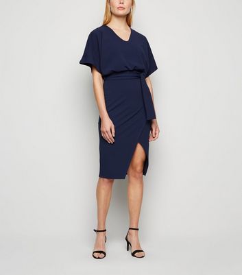 Navy Batwing Belted Wrap Dress New Look
