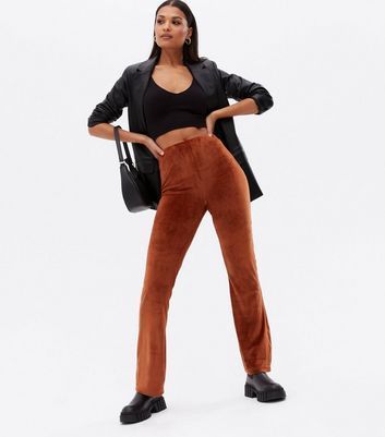 Rust Ribbed Flared Trousers New Look