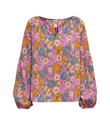 Pink Floral V Neck Puff Sleeve Tunic Blouse New Look