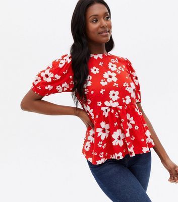 Red Floral Puff Sleeve Peplum Blouse New Look