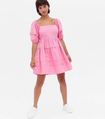 Bright Pink Poplin Tiered Mini Oversized Smock Dress New Look