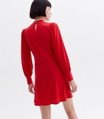 Red Ribbed Keyhole High Neck Mini Dress New Look