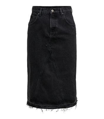 Black Denim Raw Hem Midi Skirt New Look