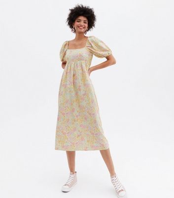 Yellow Floral Shirred Square Neck Midi Smock Dress New Look