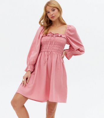 Mid Pink Shirred Frill Square Neck Mini Dress New Look