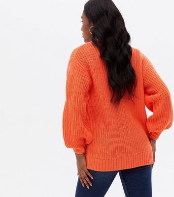 Bright Orange Knit Puff Sleeve Cardigan New Look